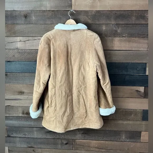 Vintage 90s Faux Shearling Gallery Caramel Winter Coat Warm Lined Medium - Picture 8 of 12